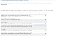 1. Measuring employment, unemployment, and labor force participation
Consider a small economy composed of six people: Brian, Crystal, Edison, Hilary, Maria, and Kevin. Each person's employment status is described in
the following table.
Based on the criteria used by the Bureau of Labor Statistics (BLS), identify each person's status as employed, unemployed, "not in the labor force" (if
not in the civilian labor force but still part of the adult population), or "not in the adult population" if not in the civilian adult population.
Person
Status
Brian is a 49-year-old autoworker who was laid off from his job 6 months ago. He is
frustrated with his inability to find a new full-time position. Last week, he took a part-time
job but was given only 3 hours of work.
Crystal is a 35-year-old professional basketball player
. She finished her last season as a player 3 weeks ago and is currently interviewing for a
coaching position.
Edison is a 76-year-old retired professor. He enjoys volunteering at the local public library.
Maria is a 29-year-old who lost her job as an associate producer for a radio station. After
spending a few weeks out of work and interviewing for several other positions, she gave
up on her job search and decided to go back to grad school. She made that decision a few
months ago.
Kevin is a famous novelist. He is spending the summer at his lake house in upstate New
York, doing a little writing each day but mostly spending his time gardening and reading.
Hilary is a 10-year-old student at East Valley Middle School. She babysits her younger
brother and does other chores, so her parents give her an allowance of $25 per week.
