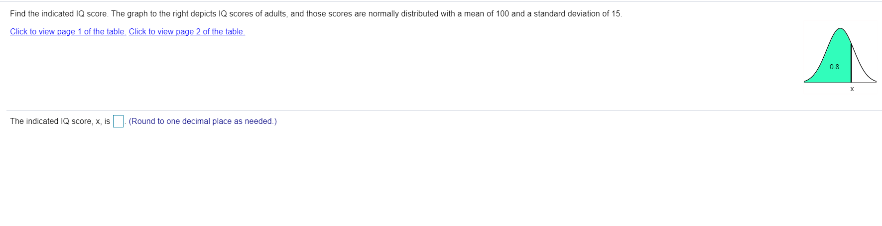 Find the indicated IQ score. The graph to the right depicts IQ scores of adults, and those scores are normally distributed with a mean of 100 and a standard deviation of 15.
Click to view page 1 of the table. Click to view page 2 of the table.
0.8
The indicated IQ score, x, is
(Round to one decimal place as needed.)
