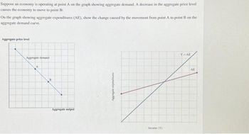 Suppose an economy is operating at point A on the graph showing aggregate demand. A decrease in the aggregate price level
causes the economy to move to point B
On the graph showing aggregate expenditures (AE), show the change caused by the movement from point A to point B on the
aggregate demand curve.
Aggregate price level
Aggregate demand
Aggregate output
Aggregate expenditures
Income (Y)
Y-AE
AE