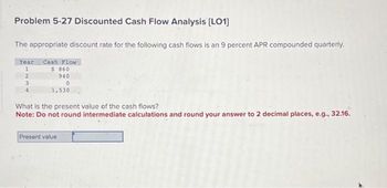 Problem 5-27 Discounted Cash Flow Analysis [LO1]
The appropriate discount rate for the following cash flows is an 9 percent APR compounded quarterly.
Year Cash Flow
$860
940
3
0
1,530
What is the present value of the cash flows?
Note: Do not round intermediate calculations and round your answer to 2 decimal places, e.g., 32.16.
Present value