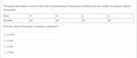 ### Correlation Between Advertising Costs and Product Sales

Understanding the relationship between advertising expenses and the number of products sold is crucial for making informed business decisions. Below, we analyze paired data to determine this relationship and find the linear correlation coefficient \( r \).

#### Paired Data
The table below consists of the costs of advertising (in thousands of dollars) and the number of products sold (in thousands):

| Cost (in thousands of dollars) | Number of Products Sold (in thousands) |
|-------------------------------|----------------------------------------|
| 9                             | 85                                     |
| 4                             | 68                                     |
| 2                             | 53                                     |
| 3                             | 55                                     |

#### Task
Find the value of the linear correlation coefficient \( r \).

#### Options
- \( r = 0.9703 \)
- \( r = 0.235 \)
- \( r = 0.246 \)
- \( r = 0.708 \)

The linear correlation coefficient, \( r \), measures the strength and direction of the relationship between two variables. It ranges from \( -1 \) to \( 1 \), where values closer to \( 1 \) or \( -1 \) indicate a stronger linear relationship.

#### Solution
To find the correlation coefficient, we typically use statistical software or a calculator to input the data pairs. Once the values are input, the software computes \( r \).

After performing the calculations, select the correct value of \( r \) from the given options.

### Conclusion
Understanding the linear correlation coefficient helps businesses gauge how effectively their advertising spend translates into sales. Higher positive values indicate a strong positive correlation, meaning increased advertising spending tends to result in more product sales. 

For more detailed explanation and examples of correlation coefficient calculations, please refer to our statistical analysis course.