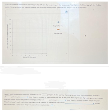 Calculate Iyana's marginal revenue and marginal cost for the first seven rompers they produce, and plot them on the following graph. Use the blue
points (circle symbol) to plot marginal revenue and the orange points (square symbol) to plot marginal cost at each quantity.
COSTS AND REVENUE (Dollars per romper)
40
35
30
25
3
20
15
10
5
1
QUANTITY (Rompers)
Marginal Revenue
-D-
Marginal Cost
Iyana's profit is maximized when they produce a total of
rompers. At this quantity, the marginal cost of the final romper they produce is
,
an amount
an amount
than the price received for each romper they sell. At this point, the marginal cost of produding one more romper
(the first romper beyond the profit maximizing quantity) is S
than the price received for each romper they sell.
Therefore, Iyana's profit-maximizing quantity occurs at the point of intersection between the
curves.
Because Iyana is a price taker, the previous condition is equivalent to