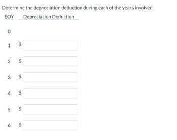 Determine the depreciation deduction during each of the years involved.
ΕΟΥ Depreciation Deduction
O
1 $
2 $
3 $
4 $
LO
5
$
LA
6 $