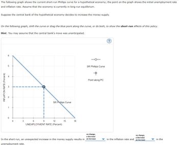 The following graph shows the current short-run Phillips curve for a hypothetical economy; the point on the graph shows the initial unemployment rate
and inflation rate. Assume that the economy is currently in long-run equilibrium.
Suppose the central bank of the hypothetical economy decides to increase the money supply.
On the following graph, shift the curve or drag the blue point along the curve, or do both, to show the short-run effects of this policy.
Hint: You may assume that the central bank's move was unanticipated.
INFLATION RATE (Percent)
5
0
3
9
SR Phillips Curve
6
12
UNEMPLOYMENT RATE (Percent)
15
18
SR Phillips Curve
Point along PC
no change,
a decrease
In the short run, an unexpected increase in the money supply results in an increase
unemployment rate.
?
no change,
a decrease
in the inflation rate and an increase
in the