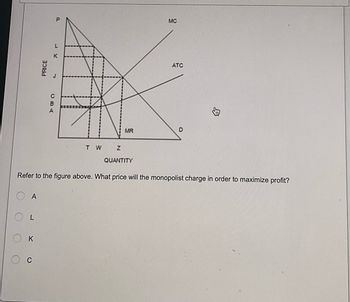 L
PRICE
K
ATC
D
T W
Z
QUANTITY
Refer to the figure above. What price will the monopolist charge in order to maximize profit?
A
-
P
CBA
MC
MR