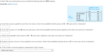 A GMAC MBA new-matriculants survey provided the following data for 2018 students.
Excel File: data04-53.xlsx
Applied to More
Than One School
Yes
No
23 and under
207
201
24-26
299
379
Age
Group
27-30
185
268
31-35
66
193
36 and over
51
169
a. Given that a person applied to more than one school, what is the probability that the person is 24 - 26 years old (to 2 decimals)?
b. Given that a person is in the 36 and over age group, what is the probability that the person applied to more than one school (to 4 decimals)?
c. What is the probability that a person is 24 - 26 years old or applied to more than one school (to 4 decimals)?
d. Suppose a person is known to have applied to only one school. What is the probability that the person is 31 or more years old (to 4 decimals)?
e. Is the number of schools applied to independent of age? Explain.
Select your answer -