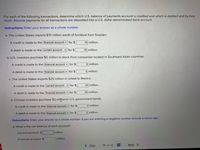 For each of the following transactions, determine which U.S. balance of payments account is credited and which is debited and by how
much. Assume payments for all transactions are deposited into a U.S. dollar-denominated bank account.
Instructions: Enter your answer as a whole number.
a. The United States imports $10 million worth of furniture from Sweden.
A credit is made to the financial account v for $
10 million.
A debit is made to the current account
for $
10 million.
b. U.S. investors purchase $5 million in stock from companies located in Southeast Asian countries.
A credit is made to the financial account v for $
5 million.
A debit is made to the financial account v for $
5 million.
c. The United States exports $25 million in wheat to Mexico.
A credit is made to the current account
v for $
25 million.
A debit is made to the financial account v for $
25 million.
d. Chinese investors purchase $2 miltion in U.S. government bonds.
A credit is made to the financial account
for $
2 million.
A debit is made to the financial account
for $
2 million.
Instructions: Enter your answer as a whole number. If you are entering a negative number include a minus sign.
e. What is the net balance of each account?
Current account: $
million
Financial account: $|
1million
< Prev
Next >
11 of 13
