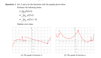 Question 1. Let f and g be the functions with the graphs given below.
Evaluate the following limits:
-5
● lim g(5 f(x))
x→5
●
●
lim g(f(x))
lim_g(f(x) + 5)
-4
x→-3+
x--2-
Explain your steps.
-2 –1
3
2
1
0
0
-1
-2
-3
-4
1
2
(a) The graph of function f.
4
5
-5 -4
-3 -2 -1
Y
3
2
1
0
0
-1
-2
-3
-4
1
2
(b) The graph of function g.
5