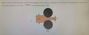 Figure 1. shows the rolling operation. Determine the position bn. of the neutral point? Neglect front and back tensions. Additional data: Hardened steel
0.04 μm and rolling temperature -190°C.
rolls, surface roughness of the rolls
0.3 in.
1=Stl/s
R=4 in.
Fig:1
0.1 in.
7 ft/s