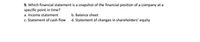 9. Which financial statement is a snapshot of the financial position of a company at a
specific point in time?
a. Income statement
b. Balance sheet
c. Statement of cash flow d. Statement of changes in shareholders' equity
