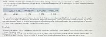 Shortt Company has been approached by a customer who is offering a one-time-only special order to buy 4,340 units of a customer-
designed part. Each one of these parts requires 4 units of raw material A10 and 4 units of raw material C70. Data concerning these two
raw materials follow:
A10
C70
Units in Raw
Materials Inventory
1,970
14,340
Cost Per Unit in
Raw Materials
Inventory
$7.20
$ 7,70
Current Market
Price Per Unit
$8.20
$ 8.70
Disposal Value
Per Unit
$ 3.70
$ 4.20
The current market price per unit mentioned above reflects the prices currently charged by Shortt Company's raw materials supplier.
The disposal value per unit mentioned above reflects the price that a recycling company would pay Shortt to purchase any unused
raw materials that it wishes to liquidate. Material A10 is used by many of the company's products and is routinely replaced. Material
C70 is no longer used by the company in any of its normal products.
Required:
1. What is the relevant cost of the raw materials that the company should include in its analysis when deciding whether to accept or
reject the special order?
2. Assume that A10 and C70 are both no longer used in any of the company's normal products. What is the relevant cost of the raw
materials that the company should include in its analysis when deciding whether to accept or reject the special order?