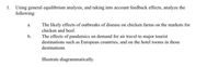 1. Using general equilibrium analysis, and taking into account feedback effects, analyze the
following:
The likely effects of outbreaks of disease on chicken farms on the markets for
a.
chicken and beef.
b.
The effects of pandemics on demand for air travel to major tourist
destinations such as European countries, and on the hotel rooms in those
destinations.
Illustrate diagrammatically.
