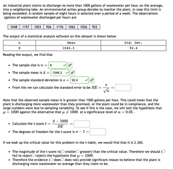 An industrial plant claims to discharge no more than 1000 gallons of wastewater per hour, on the average,
into a neighboring lake. An environmental action group decides to monitor the plant, in case this limit is
being exceeded. A random sample of eight hours is selected over a period of a week. The observations
(gallons of wastewater discharged per hour) are
1048 1157 1053 926 1176 1062 1026 922
The output of a statistical analysis software on this dataset is shown below
Mean
1046.3
n
8
Reading the output, we find that
• The sample size is n = 8
• The sample mean is a = 1046.3
or
• The sample standard deviation is s = 92.4
Or
• From this we can calculate the standard error to be SE
x - 1000
SE
• The degrees of freedom for the t-score is n − 1 =
8
• Calculate the t-score t =
Std. Dev.
Note that the observed sample mean is is greater than 1000 gallons per hour. This could mean that the
plant is discharging more wastewater than they promised, or the plant could be in compliance, and the
large numbers were due to sampling variability. To see if this is the case, we will test the hypothesis that
μ = 1000 against the alternative that μ1000 at a significance level of a = 0.05.
92.4
If we look up the critical value for this problem in the t-table, we would find that it is 2.365.
The magnitude of the t-score is( smaller greater) than the critical value. Therefore we should (O
fail to reject reject) the hypothesis that μ = 1000
• Therefore the evidence (does does not) provide significant reason to believe that the plant is
discharging more wastewater on average than they claim to be.