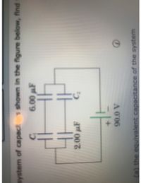 system of capacks shown in the figure below, find t
2.00 F
90.0 V
(a) the equivalent capacit
tance of the system
