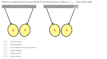 Negatively-charged balloon X attracts balloon Y and attracts balloon Z. Balloon Z
b
C
d
e
X
must be neutral
must be positive
cannot determine from this scenario
may be negative
may be neutral
may be positive
X
Z
Select all that apply.