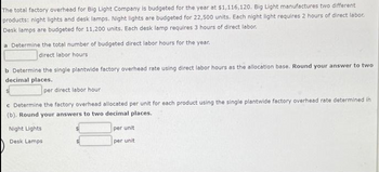 The total factory overhead for Big Light Company is budgeted for the year at $1,116,120. Big Light manufactures two different
products: night lights and desk lamps. Night lights are budgeted for 22,500 units. Each night light requires 2 hours of direct labor.
Desk lamps are budgeted for 11,200 units. Each desk lamp requires 3 hours of direct labor.
a Determine the total number of budgeted direct labor hours for the year.
direct labor hours
b Determine the single plantwide factory overhead rate using direct labor hours as the allocation base. Round your answer to two
decimal places.
per direct labor hour
c Determine the factory overhead allocated per unit for each product using the single plantwide factory overhead rate determined in
(b). Round your answers to two decimal places.
Night Lights
Desk Lamps:
per unit
per unit