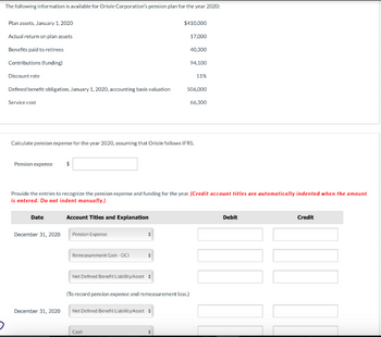 The following information is available for Oriole Corporation's pension plan for the year 2020:
Plan assets, January 1, 2020
Actual return on plan assets
Benefits paid to retirees
Contributions (funding)
Discount rate
Defined benefit obligation, January 1, 2020, accounting basis valuation
Service cost
Pension expense $
Calculate pension expense for the year 2020, assuming that Oriole follows IFRS.
Date
Provide the entries to recognize the pension expense and funding for the year. (Credit account titles are automatically indented when the amount
is entered. Do not indent manually.)
Account Titles and Explanation
December 31, 2020
December 31, 2020
Pension Expense
Remeasurement Gain-OCI
Net Defined Benefit Liability/Asset
$410,000
17,000
40,300
94,100
11%
506,000
66,300
Net Defined Benefit Liability/Asset #
(To record pension expense and remeasurement loss.)
Cash
Debit
Credit
100