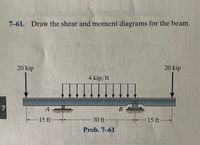 **Problem 7-61:** Draw the shear and moment diagrams for the beam.

**Description of the Beam:**

- The beam is supported at points A and B.
- **Load Details:**
  - A point load of 20 kip is applied vertically downward at the left end of the beam.
  - There is a uniformly distributed load of 4 kip/ft acting over the 30 ft span between supports A and B.
  - A point load of 20 kip is applied vertically downward at the right end of the beam.

**Span Details:**

- The distance from the left end of the beam to support A is 15 ft.
- The distance from support A to support B is 30 ft.
- The distance from support B to the right end of the beam is 15 ft.

**Support Details:**

- Support A is a roller support.
- Support B is a pin support.

This setup involves a simply supported beam with point loads at each end and a distributed load taking place between the supports. The task is to analyze this beam by creating shear and moment diagrams to understand the internal forces and moments along the beam's length.