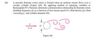 A periodic Kármán vortex street is formed when an uniform stream flows over a
circular cylinder (Figure Q4). By applying method of repeating variables or
Buckingham Pi's Theorem, determine a dimensionless relationship for Kármán vortex
shedding frequency (fx.) as a function of free-stream speed (V), fluid density (p), fluid
viscosity(u), and cylinder diameter (D).
Q4
V
D
Figure Q4
