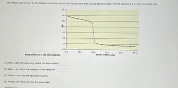 The following pH curve is for the titration of 20.0 mL of a 0.10 M solution of a weak monoprotic base with a 0.10 M solution of a strong monoprotic acid.

**Graph Details:**

- **Title:** pH vs. Volume of Titrant
- **X-axis:** Volume of titrant (mL), ranging from 0 to 50 mL.
- **Y-axis:** pH, ranging from 0 to 14.
- **Curve Characteristics:** 
  - The curve starts at a high pH (around 11.5) and decreases gradually.
  - A more rapid pH drop occurs between approximately 20 mL and 25 mL of titrant, indicating the equivalence point.
  - The curve flattens out around a pH of 2 after the equivalence point.

**Data points at 1 mL increments.**

**Questions:**

(a) What is the pH before any titrant has been added?  
(b) What is the pH at the midpoint of the titration?  
(c) What is the pH at the equivalence point?  
(d) What is the value of \( K_b \) for the weak base?  