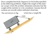 Draw complete free-body diagrams for the bodies specified
in the following problems. Neglect the weight of the mem-
ber except where the problem statement indicates that the
weight of the member is to be considered. Assume that all
surfaces are smooth unless indicated otherwise.
The cart shown in Fig.
which has a weight w.
Cable
30
