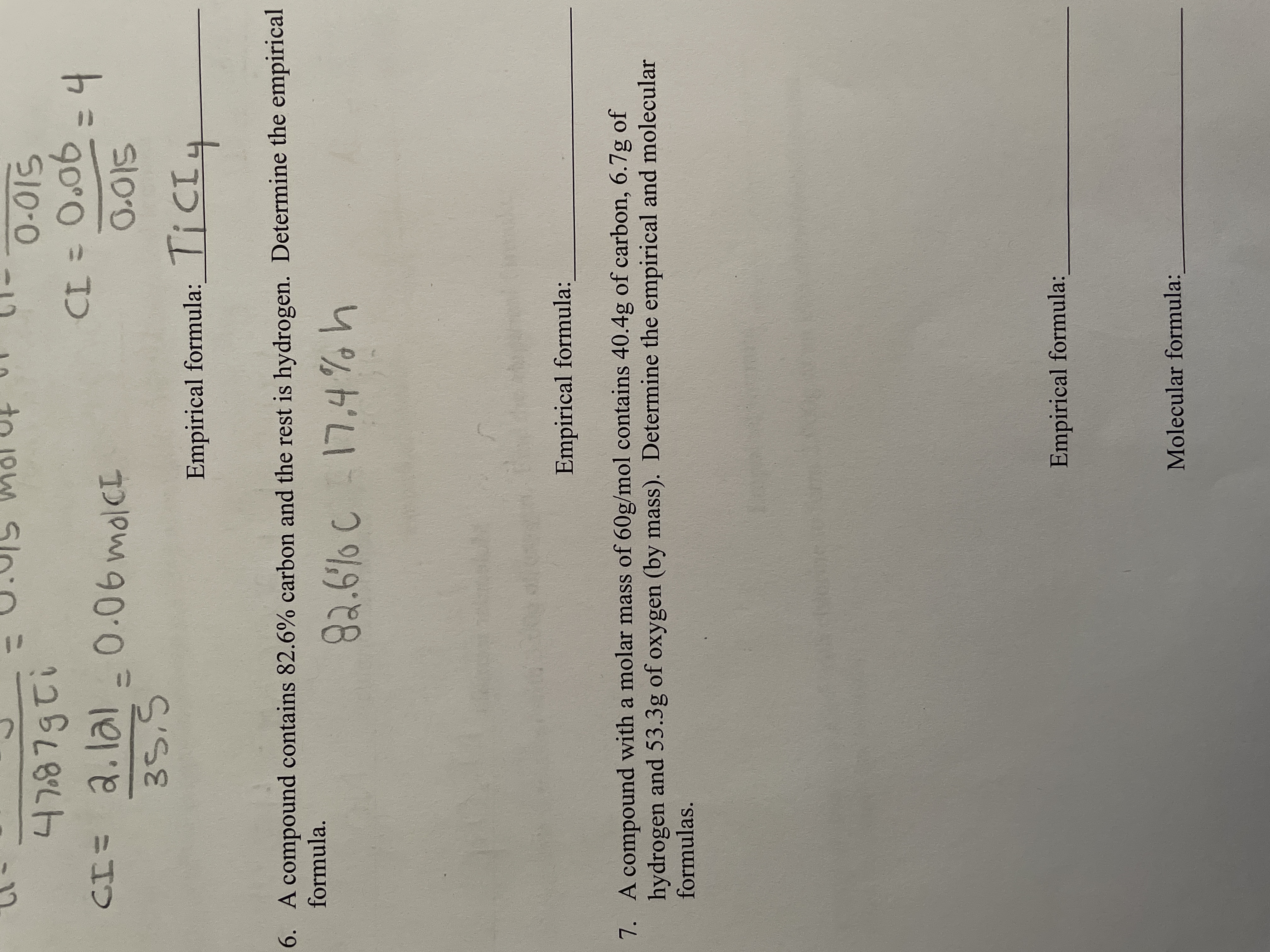 5. A compound contains 82.6% carbon and the rest is hydrogen. Determine the empirical
formula.
82.6% C 17.4%,h
Empirical formula:
