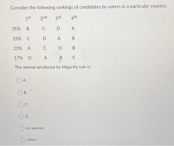 Consider the following rankings of candidates by voters in a particular country:
1st 2nd 3rd
4th
B
35% B
25% C
23% A
C
D
17% D A
³
The winner produced by Majority rule is:
OA
C
D
C
D
no winner
other
D
A
A
B
B
U