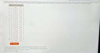 The authors of a paper compared two different methods for measuring body fat percentage. One method uses ultrasound, and the other method uses X-ray technology Body fat percentages using each of these methods for 16 athletes (
subset of the data given in a graph that appeared in the paper) are given in the accompanying table. You can assume that the 16 athletes who participated in this study are representative of the population of athletes
Athlete X-ray
1
1.00
13.00
9.25
2
3
4
6
7
.
9
------
11
13
10 13.30
14
12.00
17:25
15
16
29.30
5.50
6.00
6.00
925
11.00
12.00
14.00
17.00
18.00
Ultrasound
4.50
9,00
11.75
17.00
27.50
8.30
6.75
8.75
14.50
9.50
12.00
12:25
15.50
18.00
18.25
LA USE SALT
Use these data to estimate the difference in mean body fat percentage measurement for the two methods.
Use a confidence level of 95% (Use Pound your answers to three decimal places)