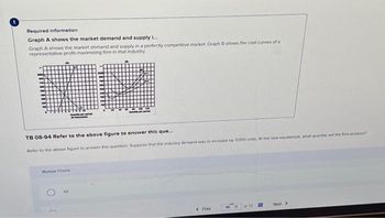 Required information
Graph A shows the market demand and supply i...
Graph A shows the market demand and supply in a perfectly competitive market Graph B shows the cost curves of a
representative profit maximizing firm in that industry
TB 08-94 Refer to the above figure to answer this que...
Refer to the above figure to answer this question Suppose that the industry demand was to increase by 3,000 units. At the new equilibrium, what quantity will the firm produce?
Multiple Choice
ed
50
< Prev
10 11
ill
Next >