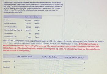 Cullumber Clinic is considering investing in new heart-monitoring equipment. It has two options.
Option A would have an initial lower cost but would require a significant expenditure for rebuilding
after 4 years. Option B would require no rebuilding expenditure, but its maintenance costs would
be higher. Since the Option B machine is of initial higher quality, it is expected to have a salvage
value at the end of its useful life. The following estimates were made of the cash flows. The
company's cost of capital is 5%.
Option A
Option B
Initial cost
$170,000
$293,000
Annual cash inflows
$70.200
$83,000
Annual cash outflows
$30,700
$25,600
Cost to rebuild (end of year 4)
$49,000
$0
Salvage value
$0
$7,800
Estimated useful life
7 years
7 years
Compute the (1) net present value, (2) profitability index, and (3) internal rate of return for each option. (Hint: To solve for internal
ate of return, experiment with alternative discount rates to arrive at a net present value of zero.) (If the net present value is
egative, use either a negative sign preceding the number eg-45 or parentheses eg (45). Round answers for present value and IRR to O
ecimal places, eg. 125 and round profitability index to 2 decimal places, eg. 12.50. For calculation purposes, use 5 decimal places as
isplayed in the factor table provided.)
Net Present Value
Option A
$
Option B
$
Profitability Index
Internal Rate of Return
%
%