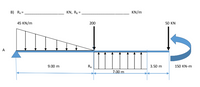 B) RA =
KN, Rg =
KN/m
45 KN/m
200
50 KN
A
9.00 m
3.50 m
150 KN-m
7.00 m
