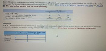 Each of the three independent situations below describes a finance lease in which annual lease payments are payable at the end of
each year. The lessee is aware of the lessor's implicit rate of return. (FV of $1, PV of $1, FVA of $1, PVA of $1, FVAD of $1 and PVAD of
$1) (Use appropriate factor(s) from the tables provided.)
Lease term (years)
Lessor's rate of return (known by lessee)
Lessee's incremental borrowing rate
Fair value of lease asset
1
11
11%
12%
$690,000
Situation 1
Situation 2
Situation 3
Situation
2
20
9%
10%
$1,025,000
3
3
10%
9%
$230,000
Required:
a. & b. Determine the amount of the annual lease payments as calculated by the lessor and the amount the lessee would record as
a right-of-use asset and a lease liability, for each of the above situations. (Round your answers to the nearest whole dollar.)
Lease Payments Right-of-use Asset/Lease
Payable