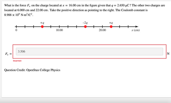 What is the force Fx on the charge located at x = 16.00 cm in the figure given that q = 2.650 µC ? The other two charges are
located at 6.000 cm and 22.00 cm. Take the positive direction as pointing to the right. The Coulomb constant is
8.988 × 10⁹ Nm²/C².
Fx
||
+
0
3.506
Incorrect
+q
10.00
Question Credit: OpenStax College Physics
-29
20.00
+q
x (cm)
|N