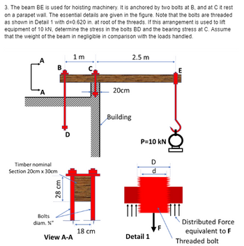 3. The beam BE is used for hoisting machinery. It is anchored by two bolts at B, and at C it rest
on a parapet wall. The essential details are given in the figure. Note that the bolts are threaded
as shown in Detail 1 with d=0.620 in. at root of the threads. If this arrangement is used to lift
equipment of 10 kN, determine the stress in the bolts BD and the bearing stress at C. Assume
that the weight of the beam in negligible in comparison with the loads handled.
B
Timber nominal
Section 20cm x 30cm
Bolts
diam. %"
28 cm
View A-A
1m
C
18 cm
20cm
2.5 m
Building
111
P=10 kN
Detail 1
D
d
F
E
111
Distributed Force
equivalent to F
Threaded bolt