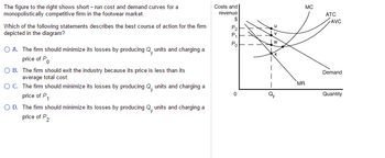 The figure to the right shows short-run cost and demand curves for a
monopolistically competitive firm in the footwear market.
Which of the following statements describes the best course of action for the firm
depicted in the diagram?
○ A. The firm should minimize its losses by producing Q, units and charging a
price of Po
B. The firm should exit the industry because its price is less than its
average total cost.
OC. The firm should minimize its losses by producing Q, units and charging a
price of P1-
OD. The firm should minimize its losses by producing Q, units and charging a
price of P2
Costs and
revenue
69
$
W
Po
MC
ATC
AVC
Demand
MR
0
Quantity