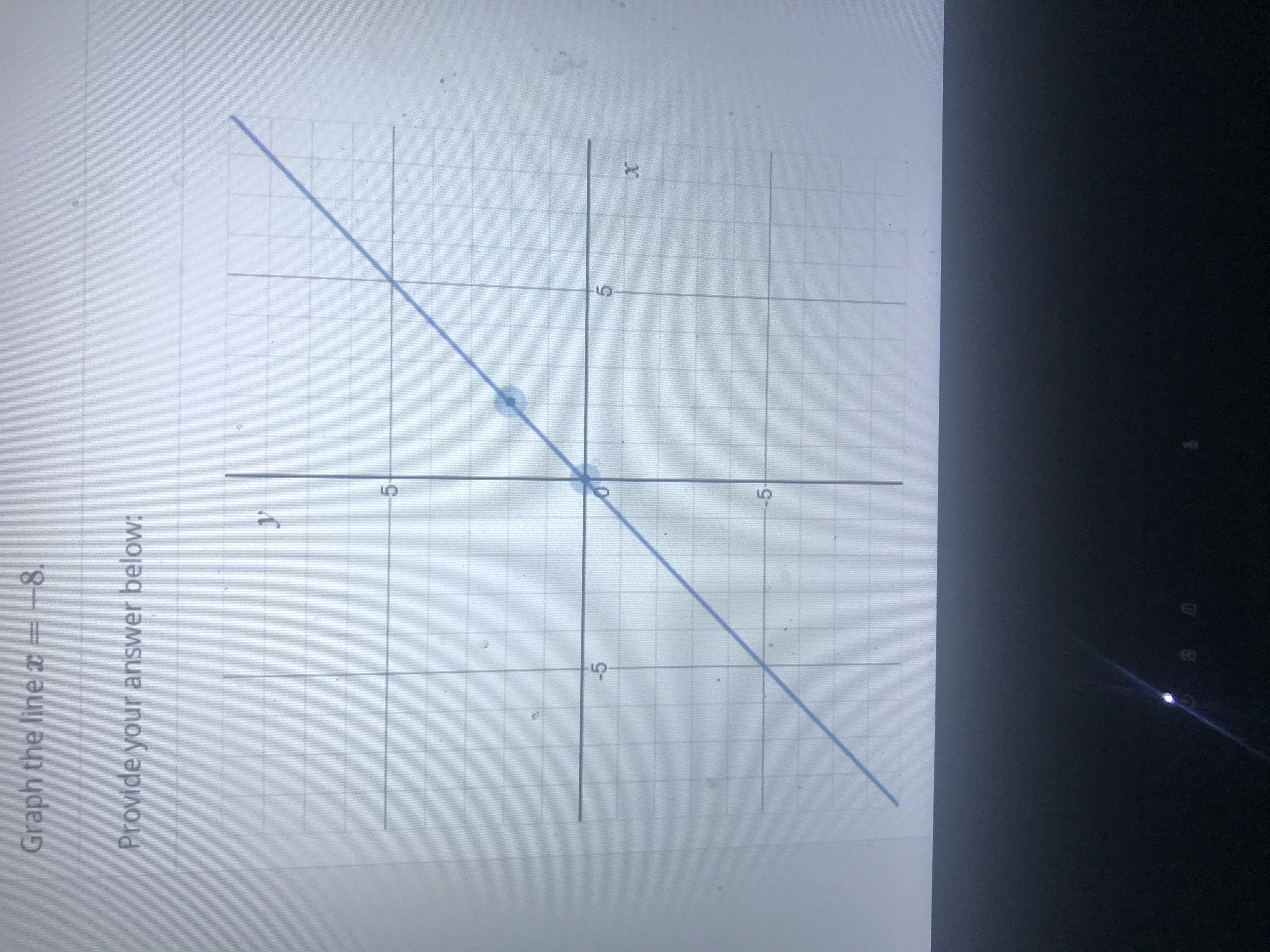 Graph the linex= -8.
Provide your answer below:
y
-5
5
-5
@ 0
