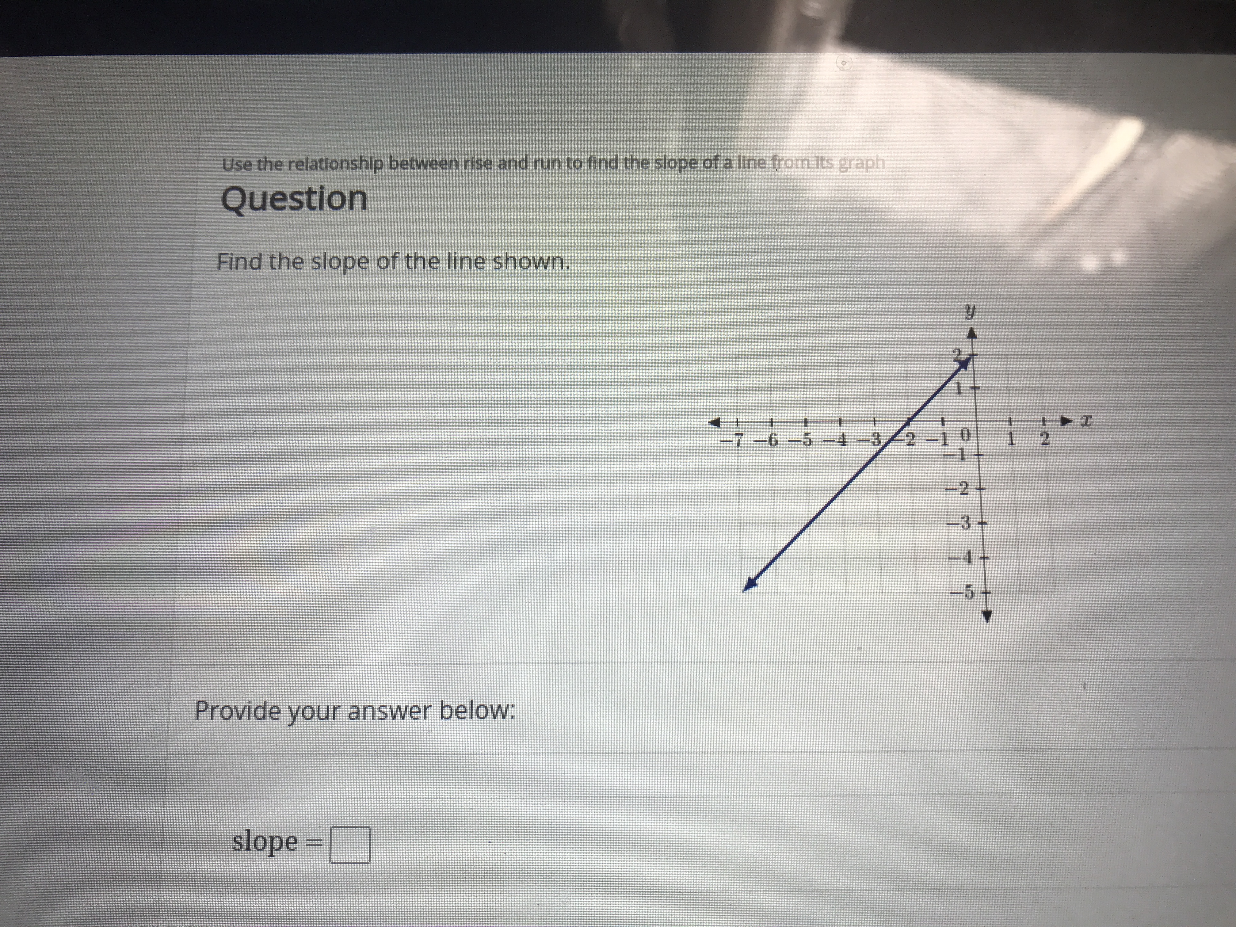 Use the relationship between rise and run to find the slope of a line from Its graph
Question
Find the slope of the line shown.
-7-6-5-4 -32-1 0
2
2
-
3
-5
Provide your answer below:
slope
