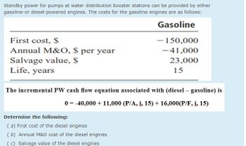 Standby power for pumps at water distribution booster stations can be provided by either
gasoline-or diesel-powered engines. The costs for the gasoline engines are as follows:
Gasoline
First cost, $
Annual M&O, $ per year
Salvage value, $
Life, years
- 150,000
-41,000
23,000
15
The incremental PW cash flow equation associated with (diesel – gasoline) is
0 = -40,000 + 11,000 (P/A, i, 15) + 16,000(P/F, i, 15)
Determine the following:
(a) First cost of the diesel engines
(b) Annual M&O cost of the diesel engines
(c) Salvage value of the diesel engines