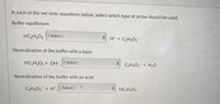 In each of the net ionic equations below, select which type of arrow should be used.

**Buffer equilibrium:**

\[ \text{HC}_2\text{H}_3\text{O}_2 \quad [\text{Select}] \quad \text{H}^+ + \text{C}_2\text{H}_3\text{O}_2^- \]

**Neutralization of the buffer with a base:**

\[ \text{HC}_2\text{H}_3\text{O}_2 + \text{OH}^- \quad [\text{Select}] \quad \text{C}_2\text{H}_3\text{O}_2^- + \text{H}_2\text{O} \]

**Neutralization of the buffer with an acid:**

\[ \text{C}_2\text{H}_3\text{O}_2^- + \text{H}^+ \quad [\text{Select}] \quad \text{HC}_2\text{H}_3\text{O}_2 \]

**Explanation:**

In the equations above, a buffer consisting of acetic acid (\(\text{HC}_2\text{H}_3\text{O}_2\)) and its conjugate base (\(\text{C}_2\text{H}_3\text{O}_2^-\)) is being analyzed. The type of arrow indicates the nature of the chemical reaction: equilibrium, complete reaction, or non-reaction.

1. **Buffer Equilibrium:** This involves a reversible reaction where the weak acid (\(\text{HC}_2\text{H}_3\text{O}_2\)) partially dissociates into hydrogen ions (\(\text{H}^+\)) and acetate ions (\(\text{C}_2\text{H}_3\text{O}_2^-\)).

2. **Neutralization with a Base:** When a base (e.g., \(\text{OH}^-\)) is added to the buffer, it reacts with the acetic acid, converting it to its conjugate base (\(\text{C}_2\text{H}_3\text{O}_2^-\)) and water. This process generally involves a complete reaction.

3. **Neutralization with an Acid:** Adding an acid leads to the conversion of the acetate ion back to