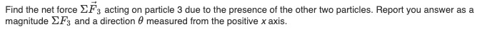 Find the net force EF3 acting on particle 3 due to the presence of the other two particles. Report you answer as a
magnitude EF3 and a direction 0 measured from the positive x axis.
