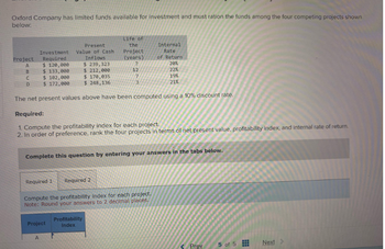 Oxford Company has limited funds available for investment and must ration the funds among the four competing projects shown
below:
Project Required
A
Inflows
$ 120,000
$ 239,323
$ 133,000
$ 212,000
$ 102,000
$ 170,035
$ 172,000
$ 248,136
The net present values above have been computed using a 10% discount rate.
Required:
1. Compute the profitability index for each project.
2. In order of preference, rank the four projects in terms of net present value, profitability index, and internal rate of return.
B
Present
Investment Value of Cash
C
D
Required 1 Required 2
Life of
the
Project
(years)
7
12
7
Complete this question by entering your answers in the tabs below.
Project
A
Compute the profitability Index for each project.
Note: Round your answers to 2 decimal places.
3
Profitability
Index
Internal
Rate
of Return
20%
22%
19%
21%
Prev
5 of 5
www
Next