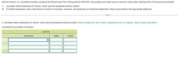 Summer Kluxon, Inc. purchased inventory costing $150,000 and sold 75% of the goods for $180,000. All purchases and sales were on account. Kluxon later collected 40% of the accounts receivable.
1. Journalize these transactions for Kluxon, which uses the perpetual inventory system.
2. For these transactions, show what Kluxon will report for inventory, revenues, and expenses on its financial statements. Report gross profit on the appropriate statement.
1. Journalize these transactions for Kluxon, which uses the perpetual inventory system. (Record debits first, then credits. Explanations are not required. Leave unused cells blank.)
Journalize the purchase of inventory.
Accounts
Journal
Debit
CO
Credit