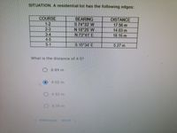 SITUATION. A residential lot has the following edges:
COURSE
1-2
2-3
3-4
4-5
5-1
BEARING
S 74 33 W
N 18 25 W
N 73 41 E
DISTANCE
17.56 m
14,03m
18.16 m
S 15 34 E
5.27 m
What is the distance of 4-57
IS
8.89m
9.02 m
9.52 m
8.59 m
PREVIOUS
NEXT
