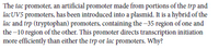 The tac promoter, an artificial promoter made from portions of the frp and
lacUV5 promoters, has been introduced into a plasmid. It is a hybrid of the
lac and trp (tryptophan) promoters, containing the –35 region of one and
the -10 region of the other. This promoter directs transcription initiation
more efficiently than either the trp or lac promoters. Why?
