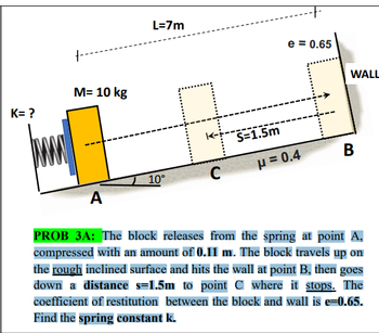 K=?
1-
M= 10 kg
A
L=7m
10°
C
S=1.5m
e = 0.65
μ = 0.4
WALL
B
PROB 3A: The block releases from the spring at point A,
compressed with an amount of 0.11 m. The block travels up on
the rough inclined surface and hits the wall at point B, then goes
down a distance s=1.5m to point C where it stops. The
coefficient of restitution between the block and wall is e=0.65.
Find the spring constant k.