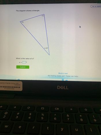 The diagram shows a triangle with three angles labeled as follows:

- The first angle is labeled \(32x\).
- The second angle is labeled \(41x\).
- The third angle is labeled \(x + 32^\circ\).

The question posed is: "What is the value of \(x\)?"

There is a space provided to input the value of \(x\) and a "Submit" button for entering your answer.

Additionally, there is a prompt saying "Work it out" with a note: "Not feeling ready yet? These can help:", suggesting resources or hints may be available for further assistance.