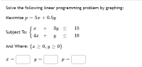 Solve the following linear programming problem by gra
Maximize p = 5x + 0.5y
3y <
15
Subject To:
4x +
16
And Where: {x > 0, y > 0}
y =
VI VI
