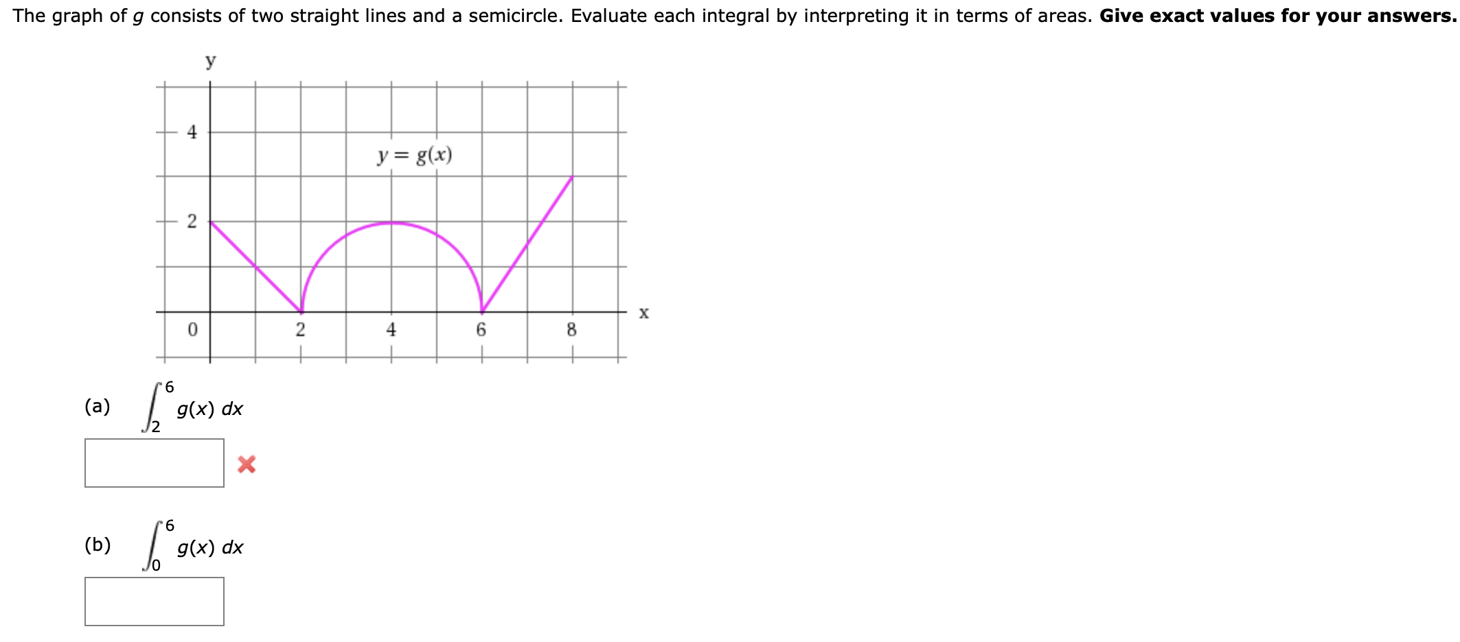 The graph of g consists of two straight lines and a semicircle. Evaluate each integral by interpreting it in terms of areas. Give exact values for your answers.
У
y = g(x)
х
2
4
6.
9.
(a)
g(x) dx
9.
(b)
g(x) dx
