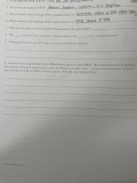 1. What bases are found in RNA? NNA nas p itio
Cytos
2. What bases are found in DNA? _Adeninc, Guanine, cytosine , and Thyine
2. Which strand is the messenger RNA complementary to? antisense stand nf DNA which Fates
4. Which strand is the messenger RNA nearly identical to? Sense Strand ot VINA
5. What proteins help to direct the RNA Polymerase to the right location?
6. The
end of a new nucleotide is always added to the
end of an existing strand.
7. Distinguish between the following two terms: chromosome and gene.
8. Scientists have long referred to the DNA between genes as "junk DNA". But as scientists study the genome,
they discover new and unique reasons why this DNA is not really "junk". Using internet resources, research 2
functions for sections of DNA in between genes. Describe your findings below.
(C) 2015 Bethany Lau.
