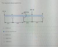 The moment about point A is:
400 lb
100 lb
900 ft lb
3 ft
4 ft
3 ft
4 ft
О-2500.ЛЬ ft
O can't be determined
O 4000 lb ft
O -3400 lb ft
O -1600 lb ft
